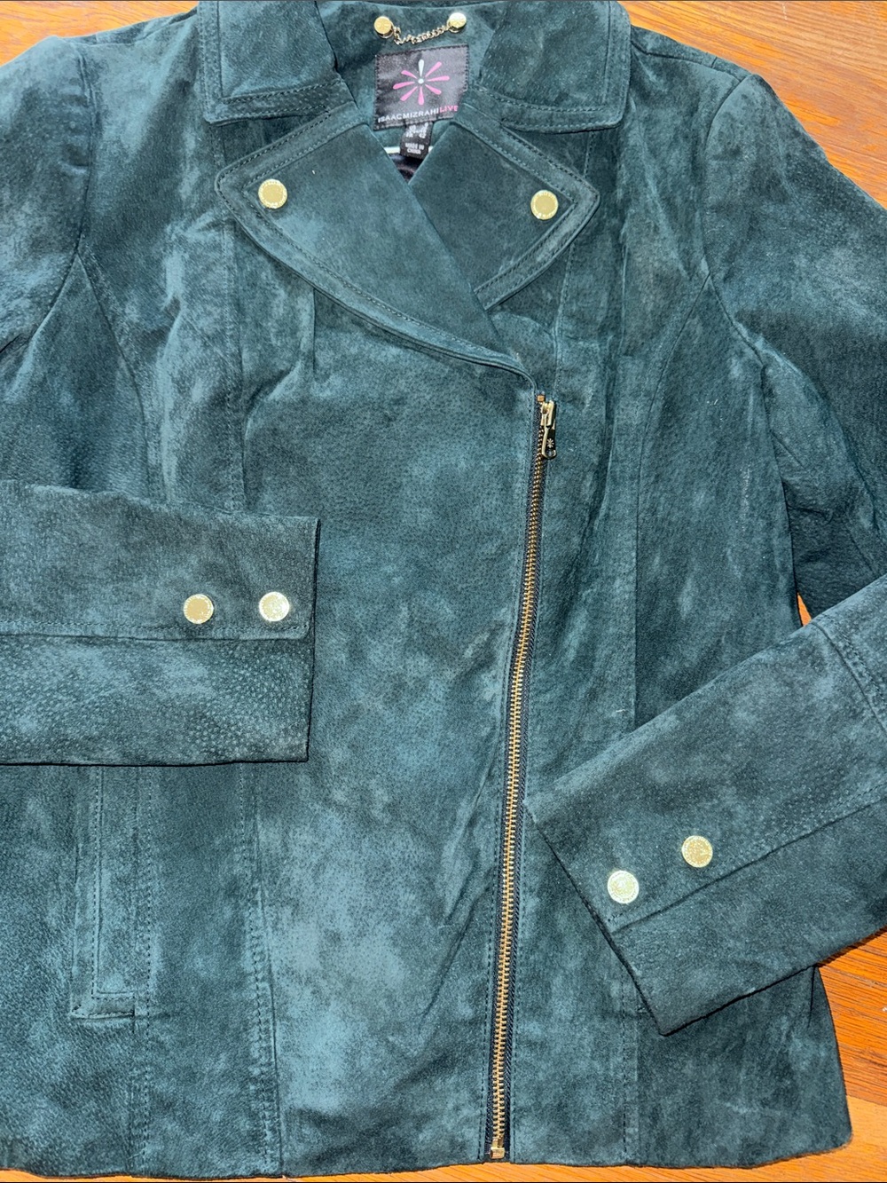 Isaac Mizrahi Emerald Suede Jacket with Gold Chain Detail - Picture 3 of 5